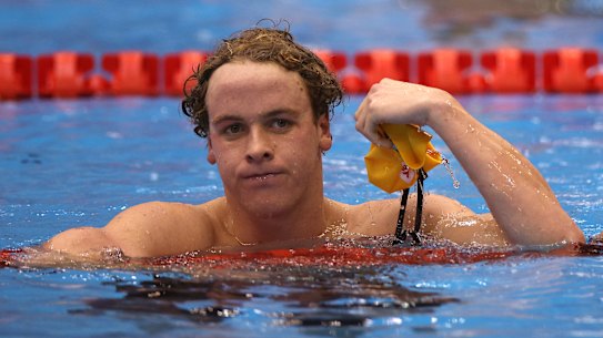 Sam Short reacts to his heat time in the Men’s 400m freestyle.