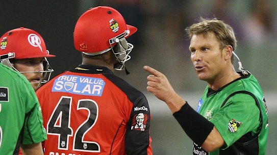 The clash between the late Shane Warne (right) and West Indies star Marlon Samuels in the Melbourne derby at the MCG remains one of the greatest moments in BBL history.