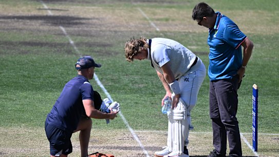 Will Pucovski after he was struck by a ball from Riley Meredith on Sunday.