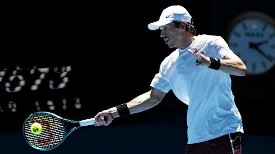 World No.10 Alex de Minaur practises at Melbourne Park on Thursday.