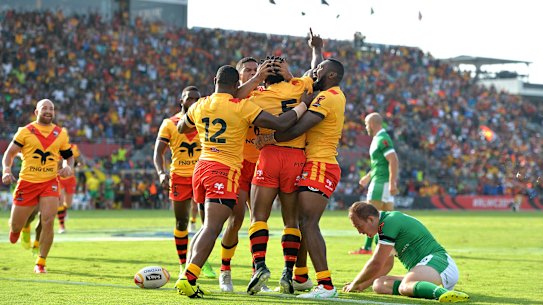 Papua New Guinea celebrate a try in their victory over Ireland at the Rugby League World Cup in 2017. The local fans may soon have much more to celebrate.