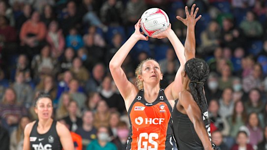 GWS Giants captain Jo Harten shoots for goal during round 10 of the SSN against the Collingwood Magpies.