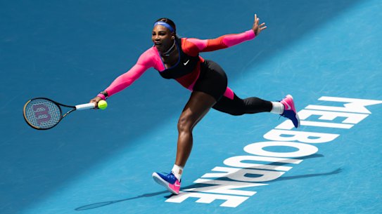 Serena Williams stretches for a shot against the big-hitting Sabalenka.