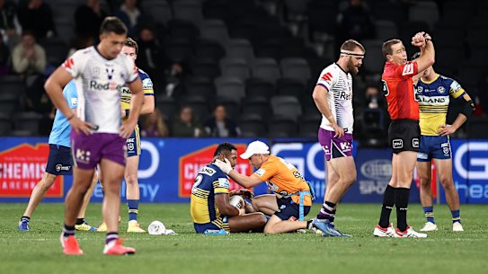 Cooper Johns of the Storm is placed on report for a crusher tackle on Maika Sivo last week.