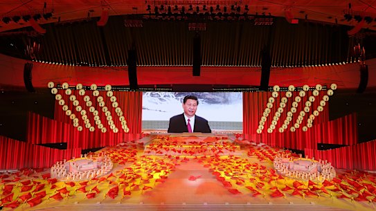 China’s President Xi Jinping appeared on a huge screen at the Gala. 