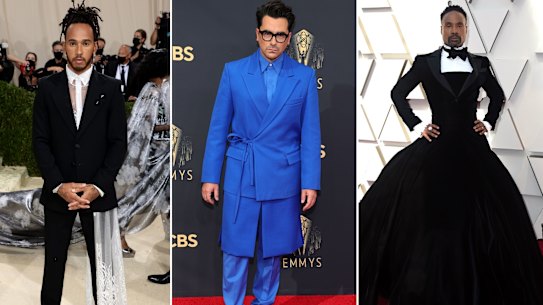Pushing fashion boundaries: Lewis Hamilton at the 2021 Met Gala; Dan Levy at the 2021 Emmy Awards; Billy Porter at the 2019 Oscars.