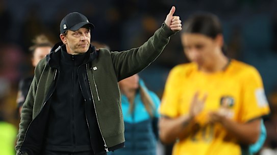 SYDNEY, AUSTRALIA - AUGUST 16: Tony Gustavsson, Head Coach of Australia, applauds fans after the team’s 1-3 defeat and elimination from the tournament following the FIFA Women’s World Cup Australia & New Zealand 2023 Semi Final match between Australia and England at Stadium Australia on August 16, 2023 in Sydney, Australia. (Photo by Catherine Ivill/Getty Images)