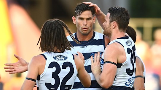 Forward march: Geelong's Tom Hawkins  helped get the Cats over the line in a narrow win over Sydney.