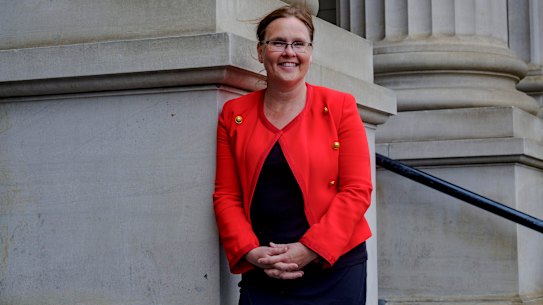 Jane Garrett on the steps of Parliament in 2018.
