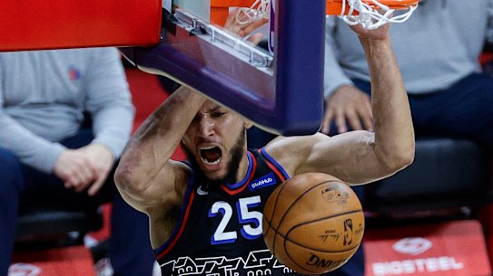 Ben Simmons dunks during a win over the Washington Wizards this week.