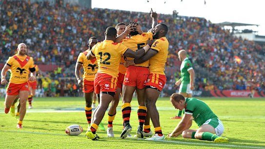 Papua New Guinea celebrate a try in their victory over Ireland in Port Moresby at the 2017 Rugby League World Cup. The local fans may soon have much more to celebrate.