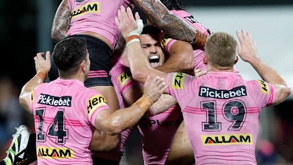 Cleary celebrates after nailing his field goal in golden point.