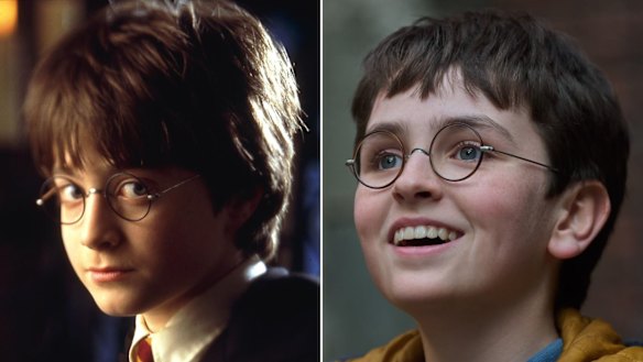 Daniel Radliffe (left) in the original 2001 film Harry Potter and the Philosopher’s Stone and Dominic McLaughlin as the new Harry Potter in the TV series. 