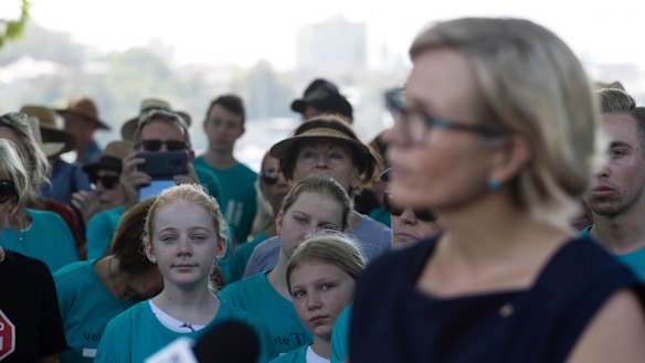 Zali Steggall with supporters at her Warringah campaign launch. 