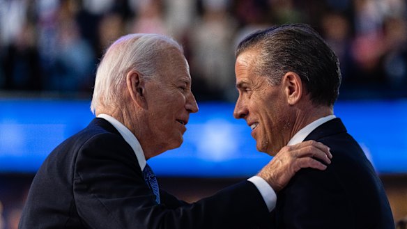 President Joe Biden embraces his son Hunter Biden at the Democratic National Convention in Chicago in August.