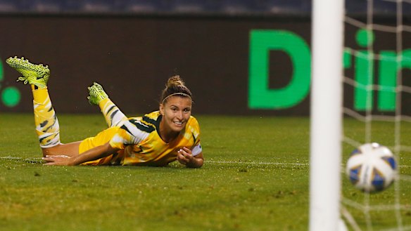 Stand-in Australia skipper Steph Catley watches her goal roll in.