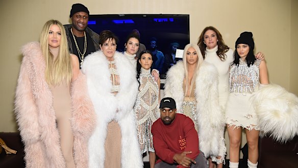 From left, Khloe Kardashian, Lamar Odom, Kris Jenner, Kendall Jenner, Kourtney Kardashian, Kanye West, Kim Kardashian, Caitlyn Jenner and Kylie Jenner at Kanye West’s Yeezy Season 3 launch in 2016. 