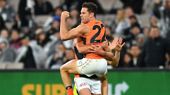 Josh Kelly celebrates a goal for the Giants.