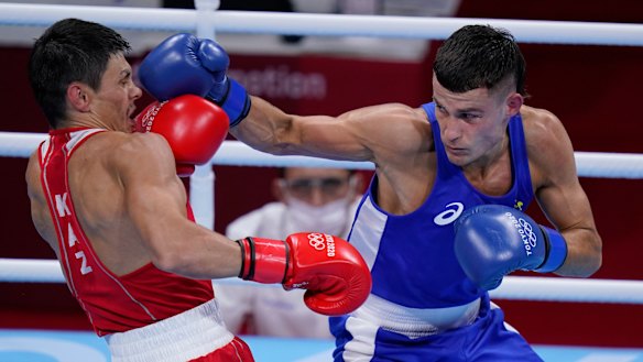 Harry Garside connects with a right hand against Kazakhstan’s Zakir Safiullin.