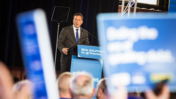 Opposition Leader Matthew Guy addresses supporters at the Coalition’s campaign launch last week.