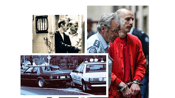 Julian Knight in 1987 (top left) and a scene from the Hoddle Street shootings, and Knight in 2004.