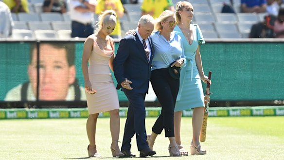 Augusta Jones, Allan Border, Jane Jones and Phoebe Jones at the MCG for the tribute to Dean Jones.