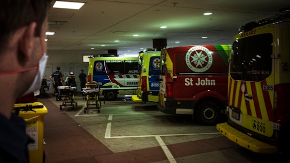 Ambulances “ramping” at the Royal Melbourne Hospital.