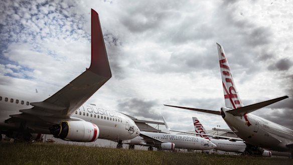Grounded Virgin Airline planes at Melbourne airport after it was announced the airline will go into receivership.