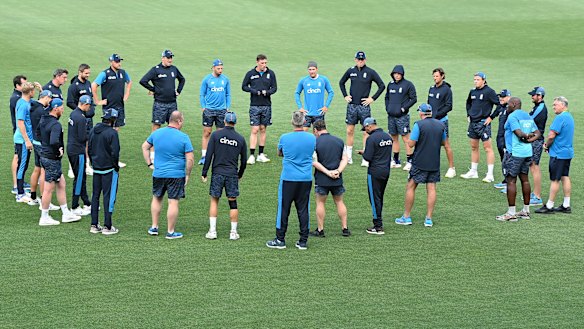 England coach Chris Silverwood addresses his group in Adelaide. 