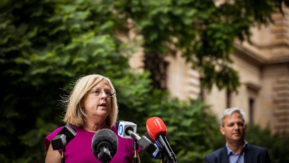 Lisa Neville speaks at a media conference in February with Chief Health Officer Brett Sutton.