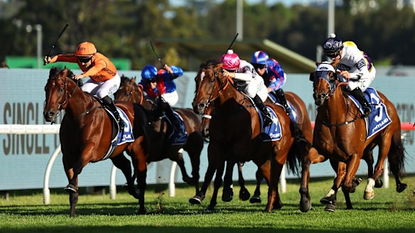 Cristal Clear (left) wins the Ajax Stakes at Rosehill in March.