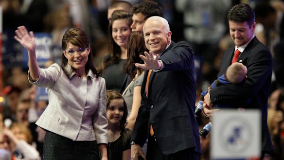 Republican presidential candidate John McCain with vice-presidential candidate Sarah Palin on the campaign trail in 2008.
