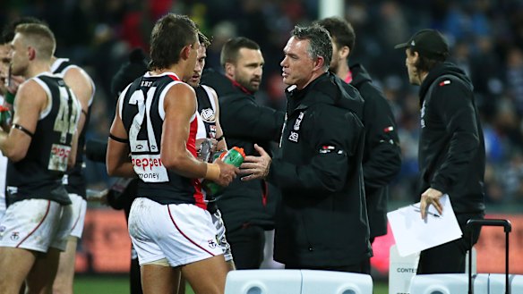 Tick, tock: St Kilda coach Alan Richardson rallies the troops during Saturday's loss to Geelong.