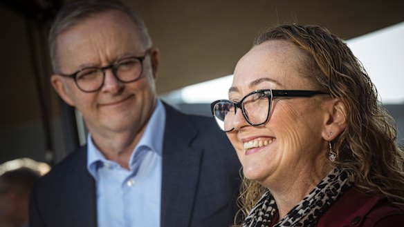 Prime Minister Anthony Albanese celebrates Labor’s victory in Aston with new MP Mary Doyle on Sunday. 