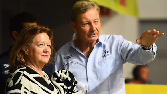Gina Rinehart with Swimming Australia President John Bertrand at the Australian titles in 2016.