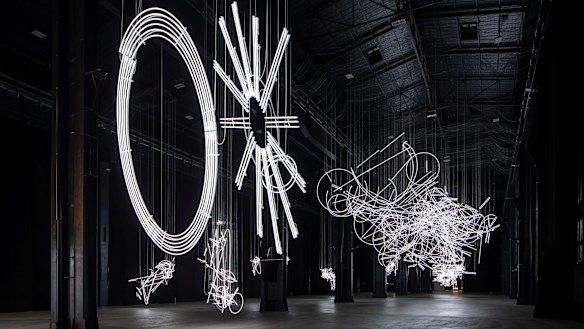 Cerith Wyn Evans, The Illuminating Gas at Pirelli Hangar, Bicocca, Milan, 2019