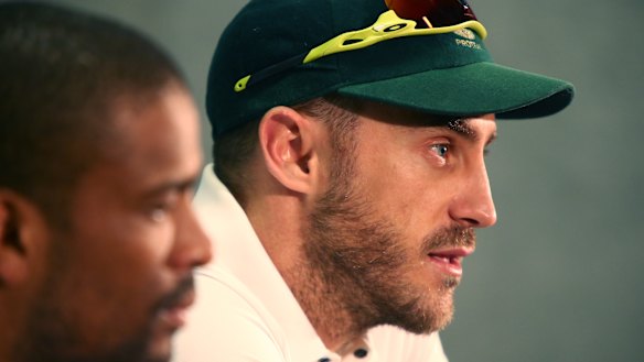 Faf du Plessis addresses the media in 2016.