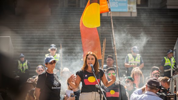 Former Northcote state MP Lidia Thorpe addresses those gathered at Parliament House for Melbourne's Invasion Day rally on Saturday.