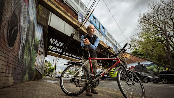 Peter Campbell from the Boroondara Bicycle Users Group, at the railway bridge overpass on Toorak Road, Camberwell.