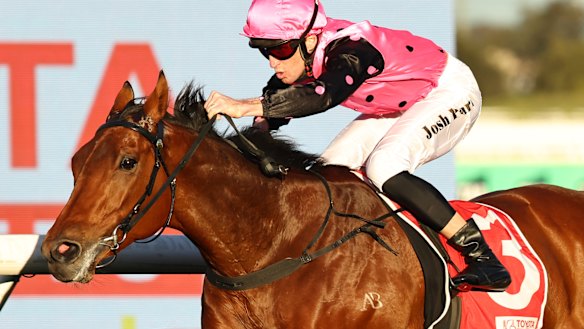 Josh Parr riding Elamaz to victory in the McKell Cup on Saturday at Rosehill.