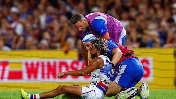 Taken off: Arthur Jones was removed from the game after a high hit from Harris Andrews.