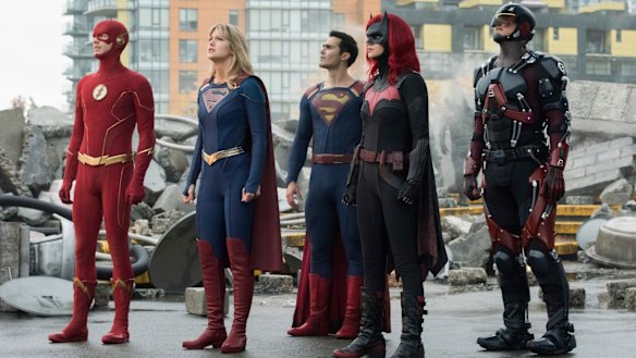 Grant Gustin as The Flash, Melissa Benoist as Supergirl, Tyler Hoechlin as Superman, Ruby Rose as Batwoman and Brandon Routh as Atom in the Crisis on Infinite Earths crossover TV event.
