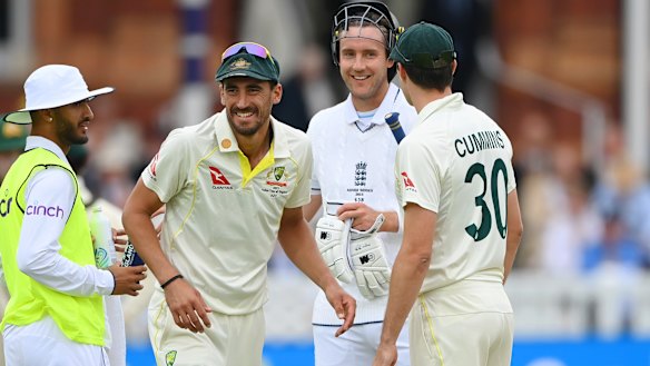 Stuart Broad and Pat Cummins share a word during the 2023 Ashes.