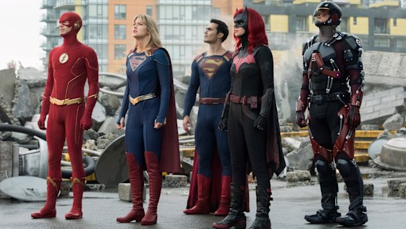 Superfriends: The Flash (Grant Gustin), Supergirl (Melissa Benoist), Superman (guest star Tyler Hoechlin), Batwoman (Ruby Rose) and Atom (Brandon Routh).