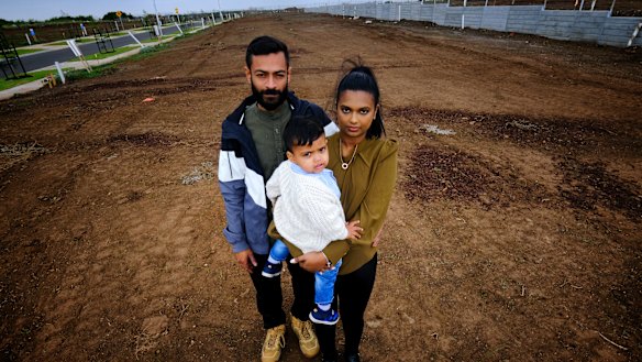 Upasna Murti with husband Navnesh Nand and son Aarnav Nand standing on the land they bough in Werribee. 