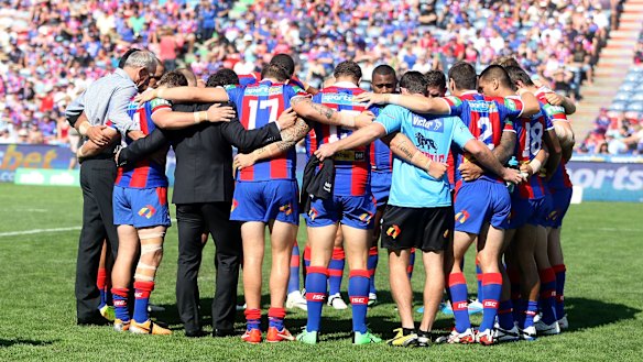 Wayne Bennett attempts to focus his troops after the emotion of Rise for Alex Round in Newcastle.