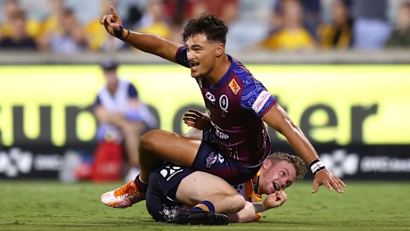 Jordan Petaia celebrates after a try against the Brumbies.
