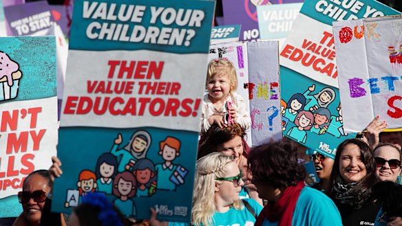 Early learning educators protested in Federation Square in Melbourne on Wednesday to call for better pay and conditions.