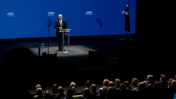 Prime Minister Scott Morrison speaks to the crowd in Melbourne.