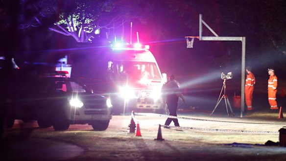 Police and SES volunteers search for evidence at Frascott Park after a 17-year-old was stabbed to death on Wednesday.